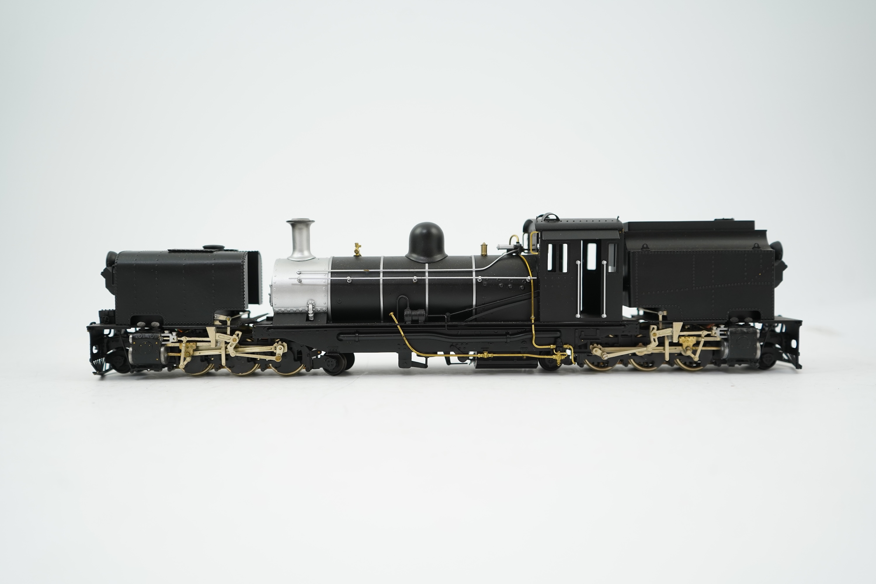 An On30 gauge (1:48 scale) 2-6-2+2-6-2 Beyer-Garratt locomotive, a finely detailed model, of painted brass, etc. construction, running on 00 gauge track and powered for two rail operation